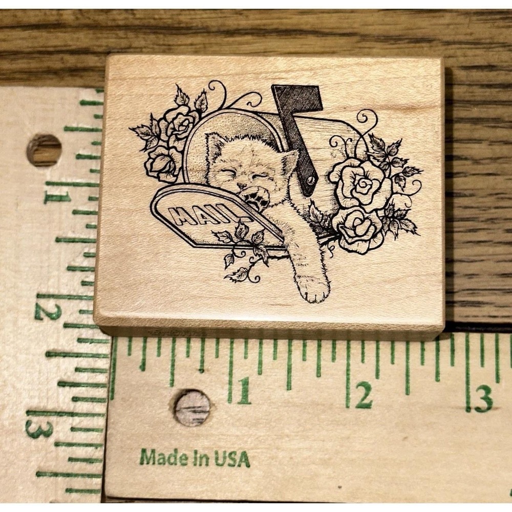 Wooden Mailbox Cat Rubber Stamp - Natural Wood